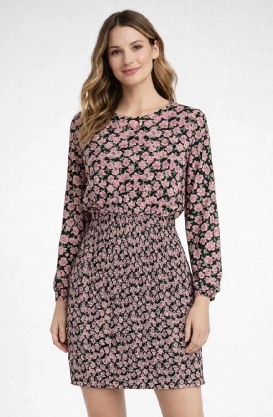 ZARA pink floral roses green black smocked skirt balloon long sleeve short dress